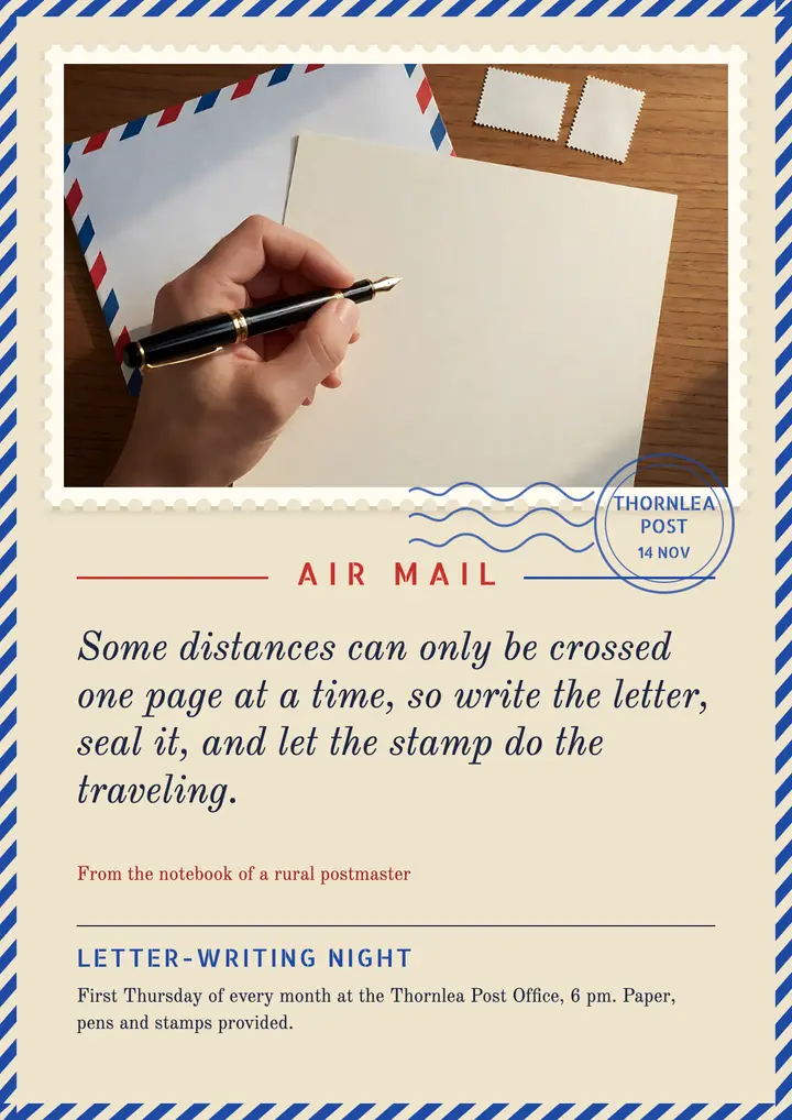 Write back letter-writing quote flyer, airmail and stamps template