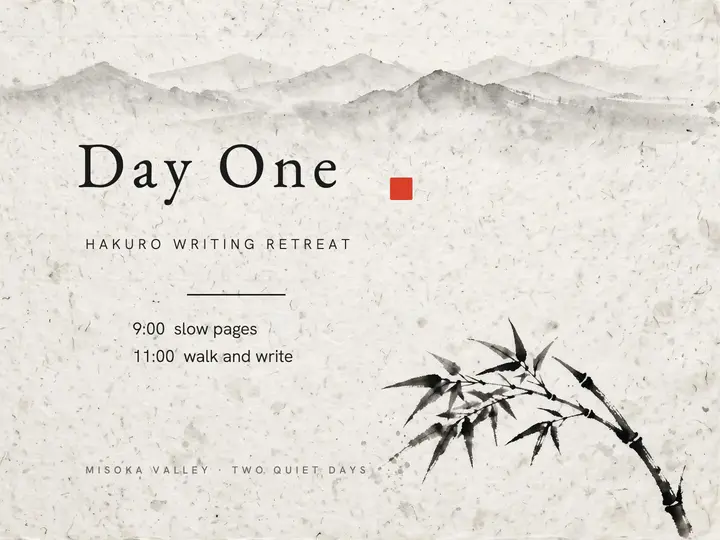 Hakuro writing retreat agenda slide, ink wash template