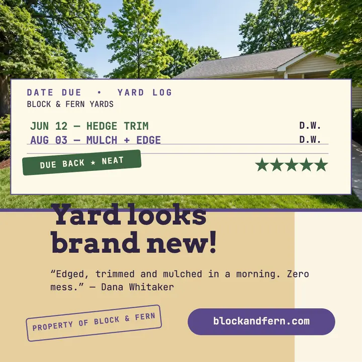 Block and Fern yard review log post: landscaper review post template