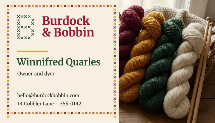 Burdock & Bobbin yarn shop business card, cozy cross-stitch template