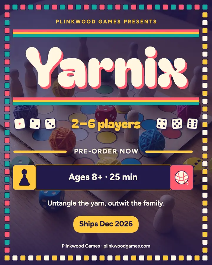 Yarnix family board game pre-order post template