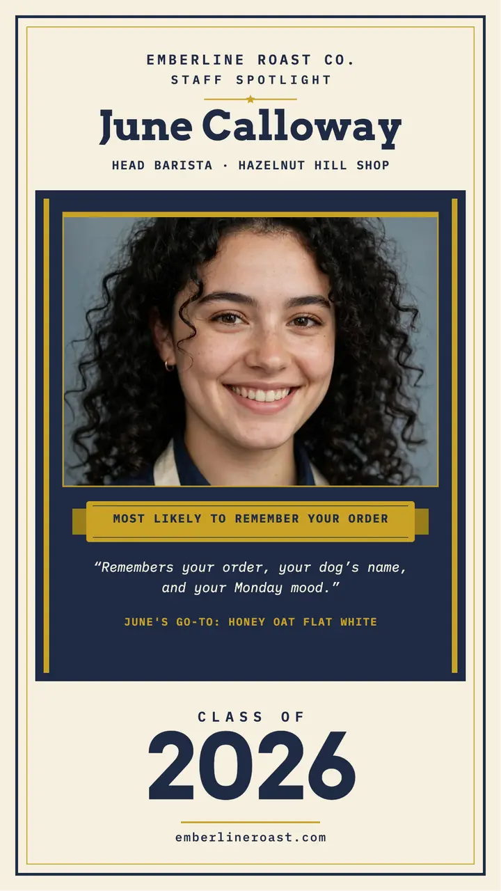 Yearbook barista spotlight story, Emberline template