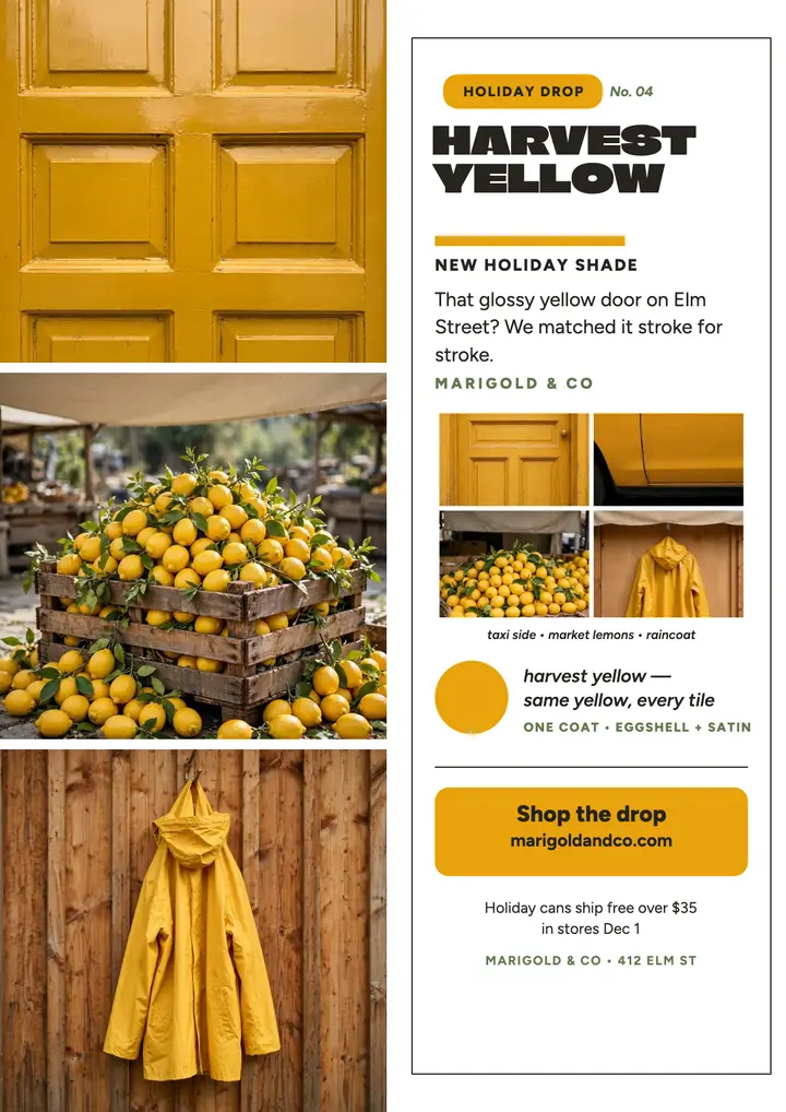 Marigold and Co harvest yellow drop flyer: paint color launch flyer template
