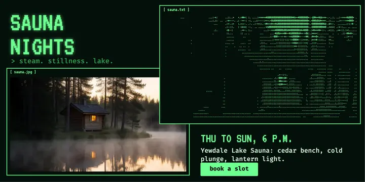 Lakeside sauna nights, ASCII render X post: lakeside sauna x post template