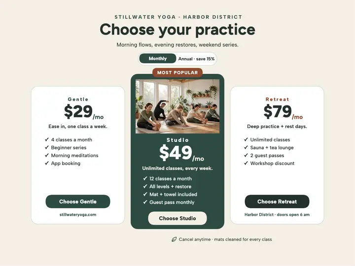 Stillwater Yoga membership pricing slide: yoga membership pricing slide template