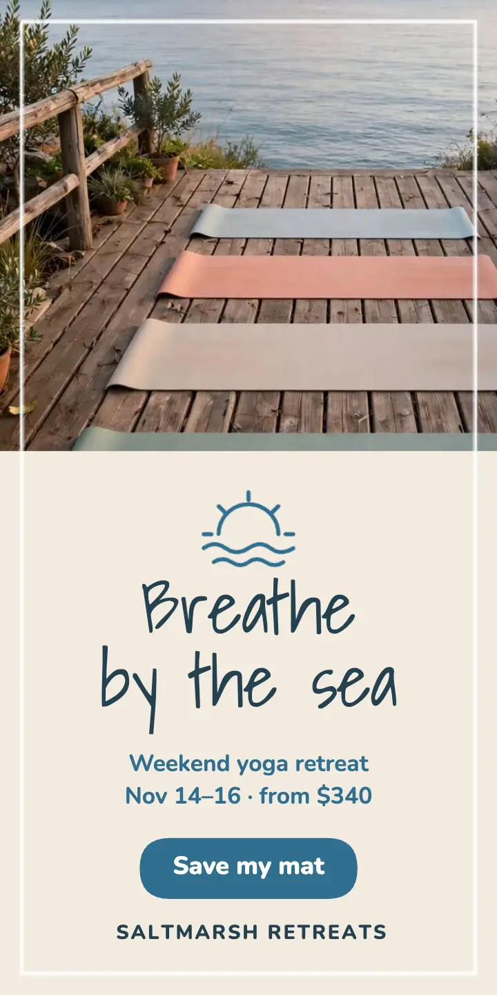 Coastal yoga retreat half-page ad template