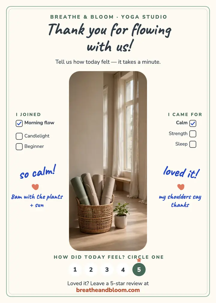 Breathe and Bloom yoga thank-you review card template