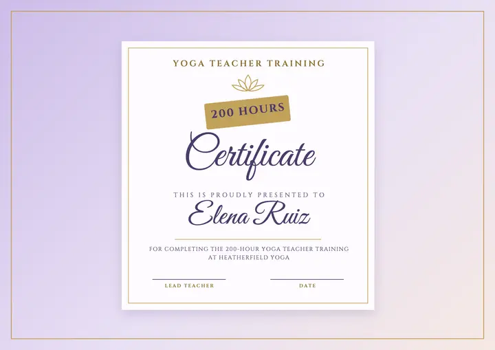 Lavender and gold yoga teacher training certificate template