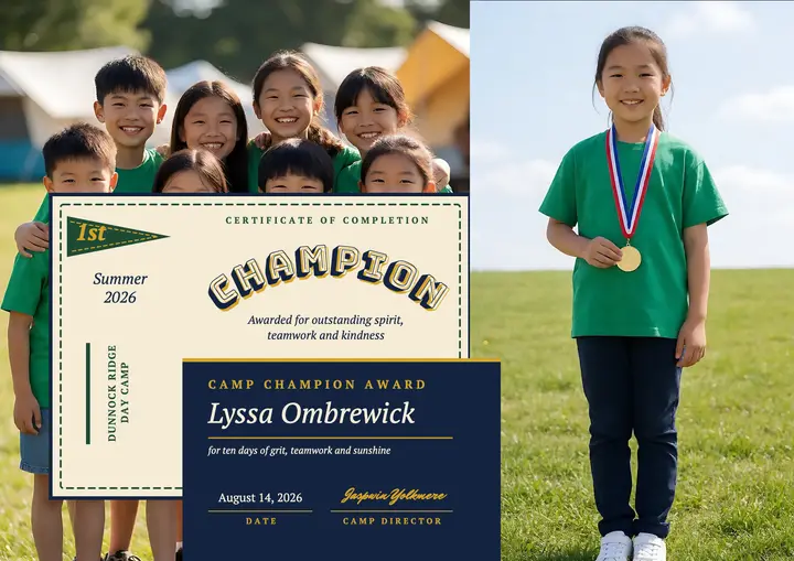 Day camp champion certificate, varsity collegiate: summer camp certificate template