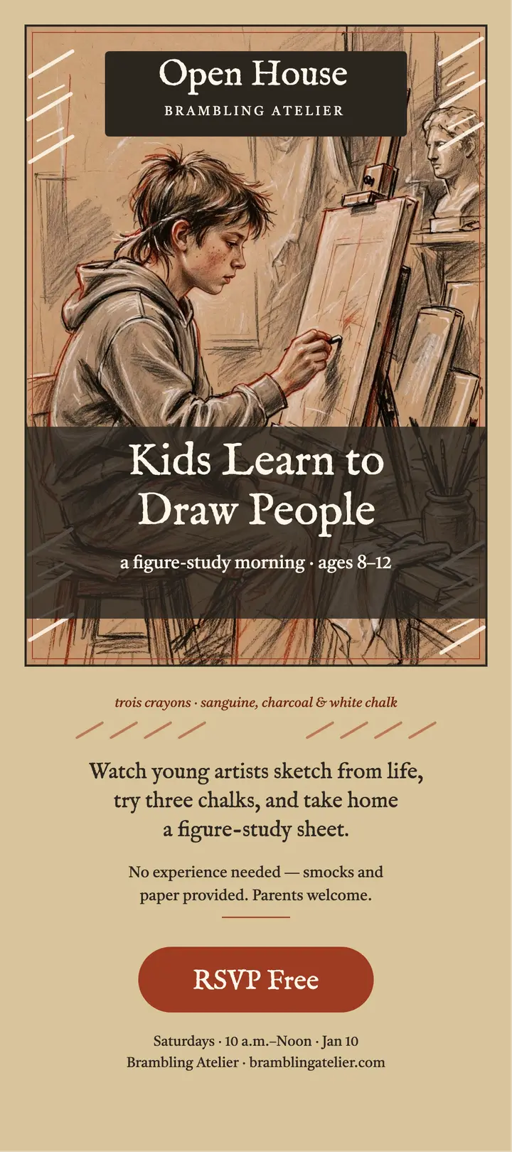 Brambling Atelier youth drawing open house card: drawing class rack card template
