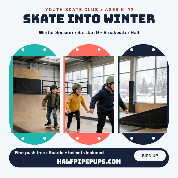 Halfpipe Pups winter skate session post: skate class post template