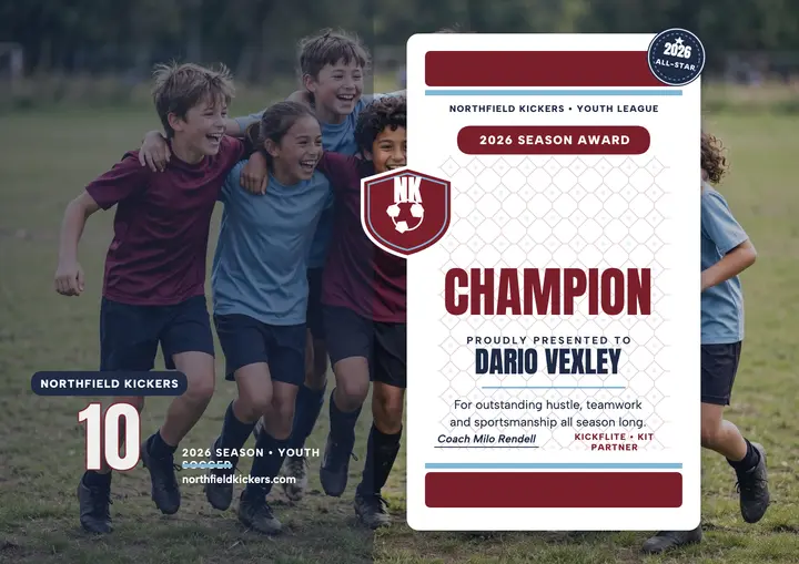 Northfield Kickers youth champion certificate: soccer award certificate template
