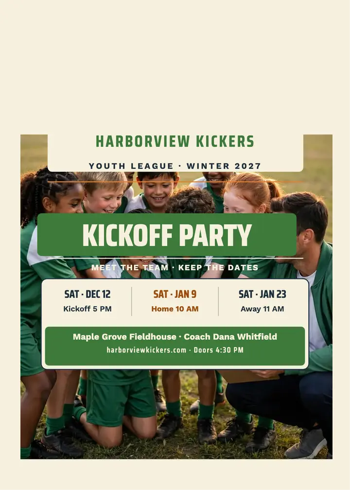 Harborview Kickers kickoff party pocket schedule template