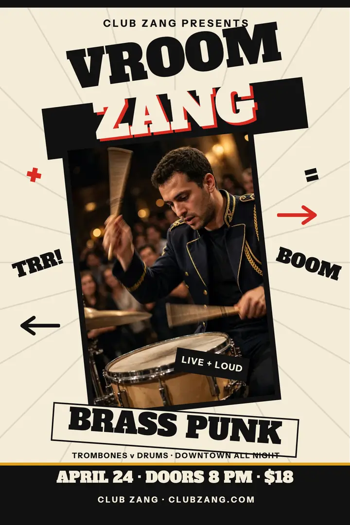 Club Zang brass punk night futurist poster: brass punk gig poster template