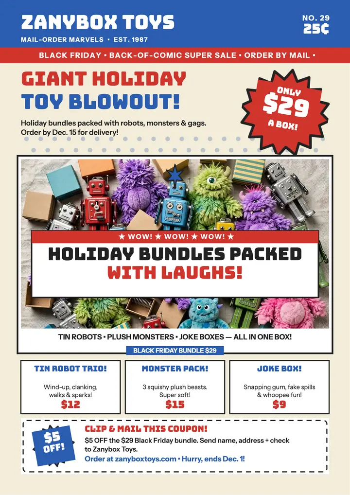 Zanybox Toys holiday comic flyer template