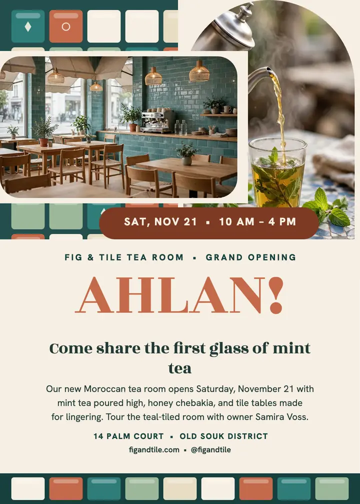 Fig and Tile tea room opening invitation template