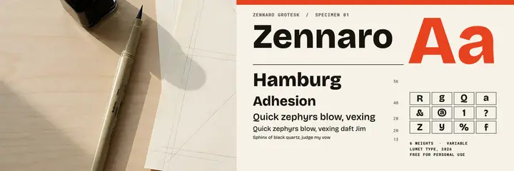 Zennaro grotesk typeface release specimen header template