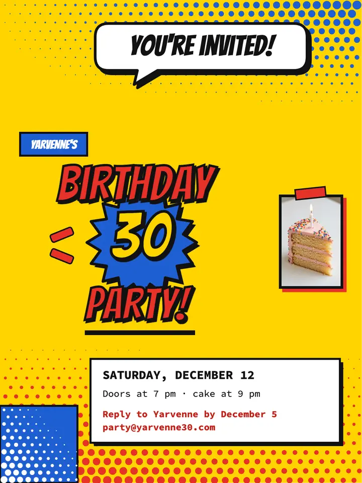 Yarvenne's 30th birthday invite, pop art halftone template