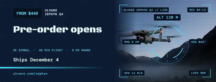 Zephyn Q4 drone pre-order cover, sci-fi HUD template