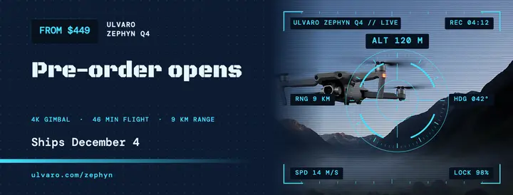 Zephyn Q4 drone pre-order cover, sci-fi HUD template
