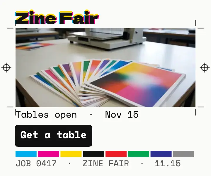 Zine fair table sign-ups press proof ad template