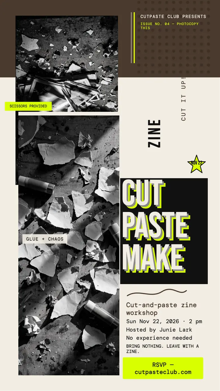 Cutpaste Club zine workshop grunge story template