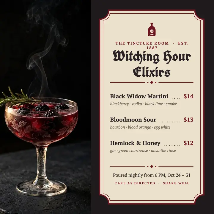 Apothecary Halloween cocktail menu template