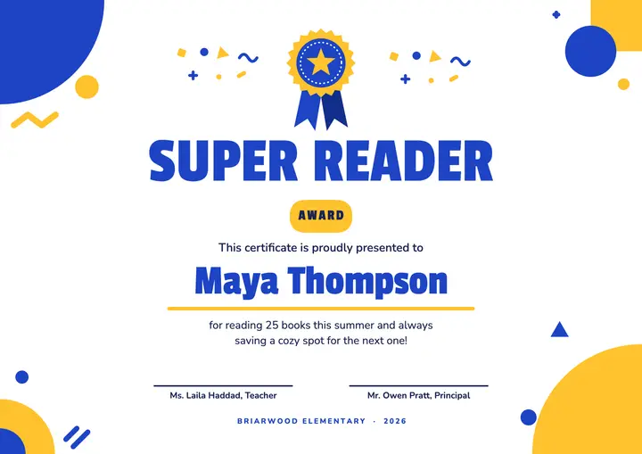 Super Reader award template