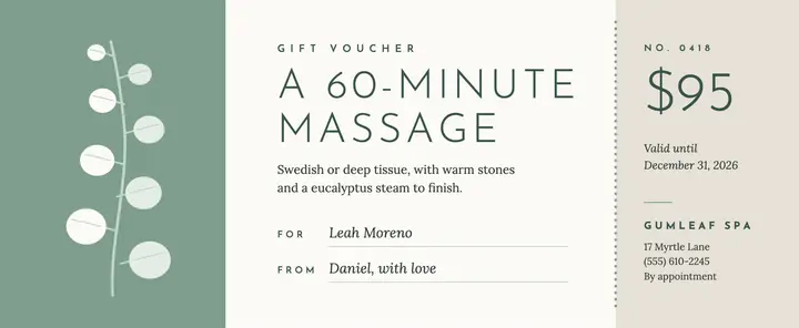 Eucalyptus massage gift voucher template
