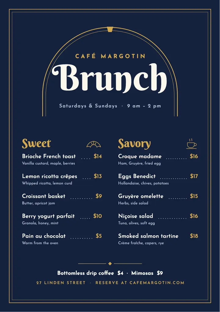 Parisian bistro brunch menu template