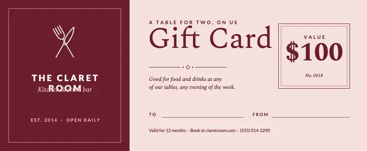 Burgundy and blush restaurant gift card template