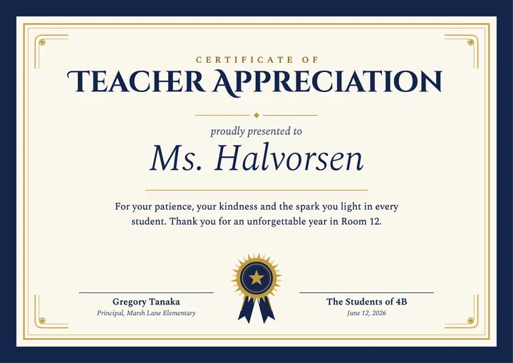 Navy and gold teacher appreciation certificate template