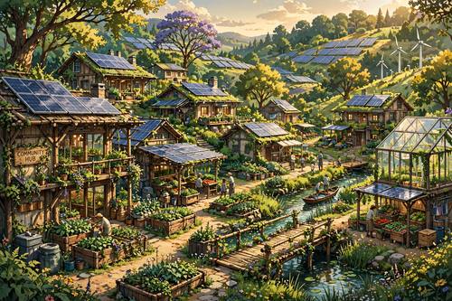 Solarpunk future village, lush greenery and solar panels, warm optimistic light, hopeful eco-future illustration