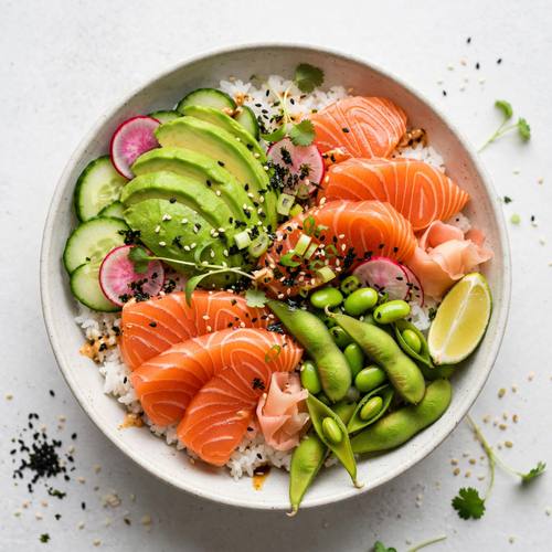Vibrant poke bowl with salmon, avocado and edamame, top-down, bright fresh colors, clean studio light, healthy food shot