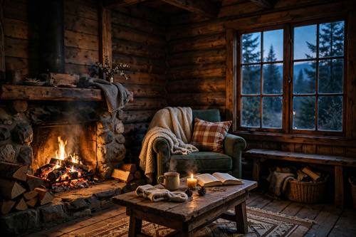 Cozy cabin interior glowing at dusk, warm firelight through the window, cinematic, inviting mood, soft grain