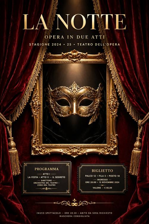 An opera program cover for 'La Notte': parted velvet curtains framing a gold masquerade mask on a black stage, the title in Didone capitals at the top. Straight on, symmetrical. Oxblood, gold and black. Dramatic. Opera house glamour: deep oxblood velvet curtains with gold fringe, gilded ornate frames, masquerade masks, programs and tickets in an elegant layout, high-contrast Didone serif type, oxblood, gold and black, warm theatrical spotlight, rich velvet and gilt textures. Dramatic and luxurious.