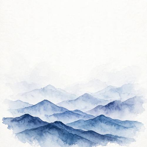 Minimal watercolor mountain range, layered blue and indigo washes, misty gradients, lots of empty white space, serene