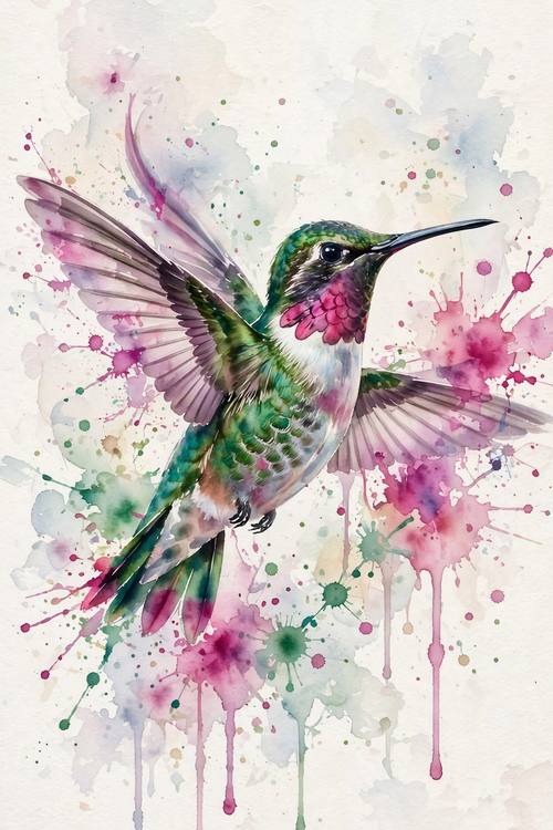 Watercolor portrait of a hummingbird mid-flight, vivid emerald and magenta bleeds, splatters, painterly and light