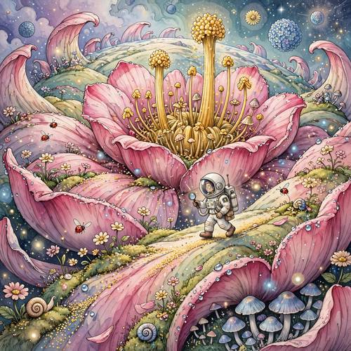 A tiny astronaut exploring a giant blooming flower planet, miniature scale, whimsical surreal illustration