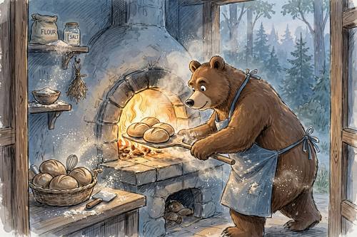A brown bear in an apron pulling round loaves from a stone oven in a tiny forest bakery at dawn, flour hanging in the air. Medium shot from the doorway. Cool blue-gray walls, a golden oven glow and a warm brown bear. Picture-book illustration: loose, lively pencil and ink linework with light hatching, muted color washes laid over the drawing, one warm glowing light that draws the eye, big-eyed characters with simple rounded proportions, soft paper grain.