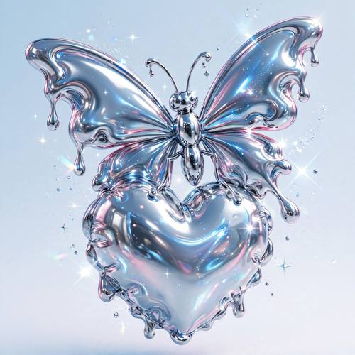 A chrome butterfly with blobby melted wings perched on a puffy chrome heart, tiny sparkles around them. Three-quarter view, centered. Silver with icy blue and soft pink reflections. Dreamy and playful. Y2K chrome render: liquid-metal mirror chrome with smooth, melted, blobby curves, sharp white reflections and icy holographic blue tints in the reflections, small four-point sparkles and lens glints, set on a pale icy-blue to white gradient backdrop, crisp, glossy and centered. The early-2000s digital look.