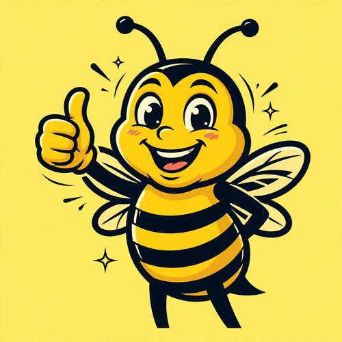 Energetic bee mascot giving a thumbs up, vector cartoon style, yellow and black, bold and friendly