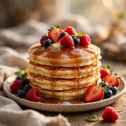 Stack of fluffy pancakes with dripping maple syrup and fresh berries, warm morning light, appetizing food photography, shallow depth