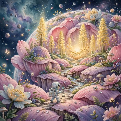 A tiny astronaut exploring a giant blooming flower planet, miniature scale, whimsical surreal illustration
