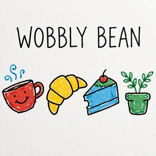 A café sign for 'Wobbly Bean': a lopsided smiling coffee cup, a croissant, a slice of cake and a little plant, the name in handwritten capitals at the top. Flat, straight on. Tomato red, sunny yellow, sky blue and green. Friendly. Naive doodle illustration: clean, wobbly black felt-tip pen outlines, uneven flat saturated fills that leave small white gaps at the edges, lopsided cheerful figures and objects, handwritten capital letters, plain white paper. Smooth marker ink, no crayon wax, no shading, no 3D. Charming and imperfect.