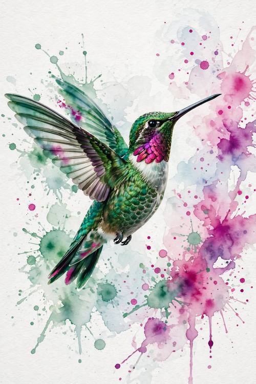 Watercolor portrait of a hummingbird mid-flight, vivid emerald and magenta bleeds, splatters, painterly and light
