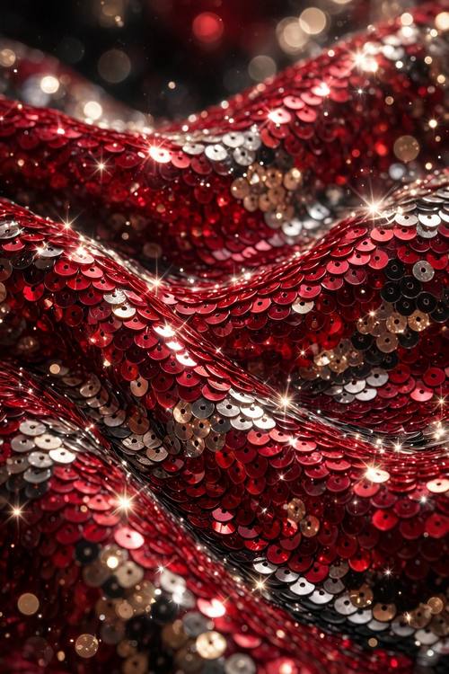 A phone wallpaper of ruby red sequins in soft waves with bright glints, no text. Vertical, close, full bleed. Ruby and silver highlights. Festive. Sequin fabric close-up: overlapping fish-scale sequins covering the frame, each disc catching light with a bright highlight, sparkling bursts where light hits, rich champagne, ruby, black or silver, shallow depth of field, a tall glamorous disco serif for any words. Glamorous and festive.