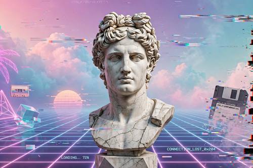 Vaporwave scene, roman statue with pastel gradient sky, glitch elements, retro surreal internet aesthetic