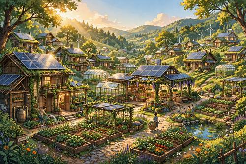 Solarpunk future village, lush greenery and solar panels, warm optimistic light, hopeful eco-future illustration