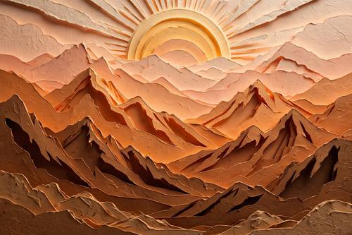 Layered paper cut mountains and sun at dawn, stacked warm paper tones, deep shadow between layers, handcrafted depth